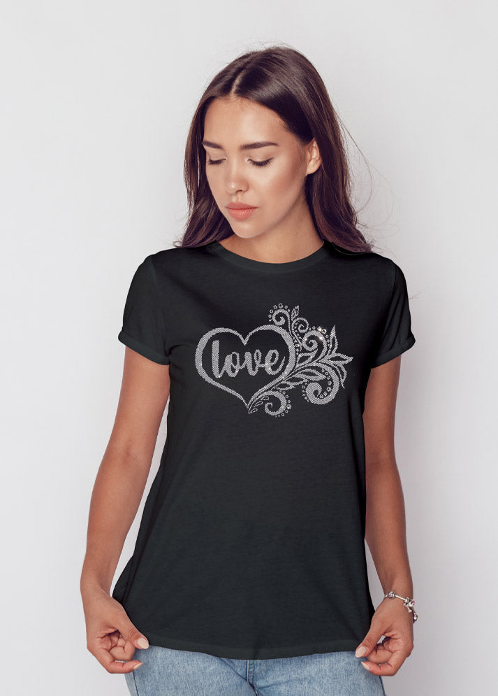 Heart Floral Love Rhinestone T-Shirt