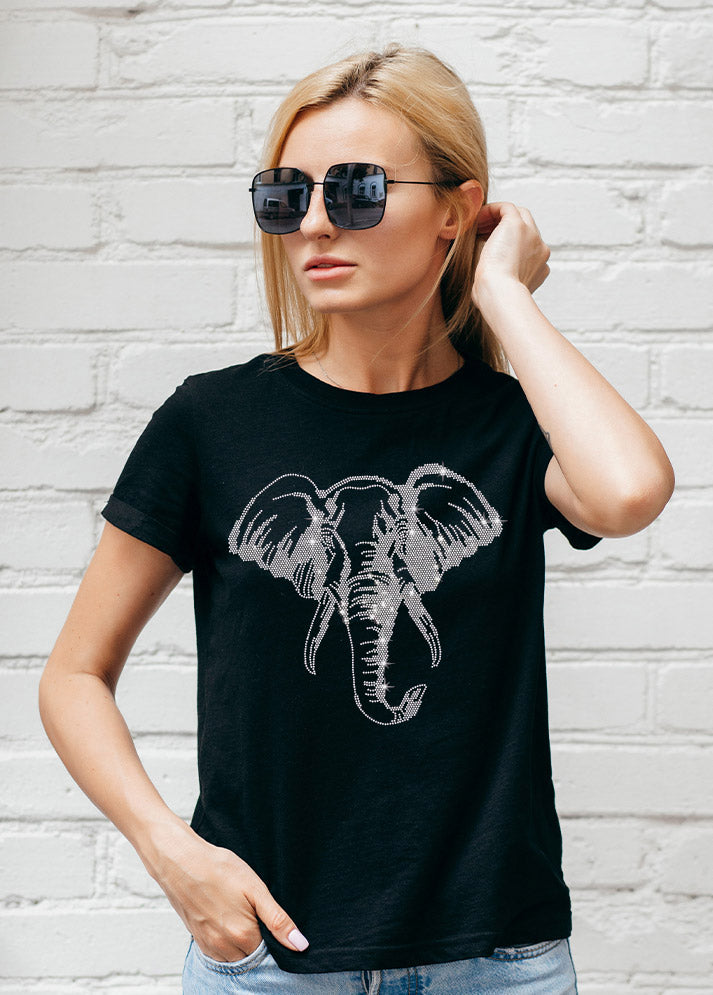 Elephant Rhinestone Bling Bling Short Sleeve T-shirt