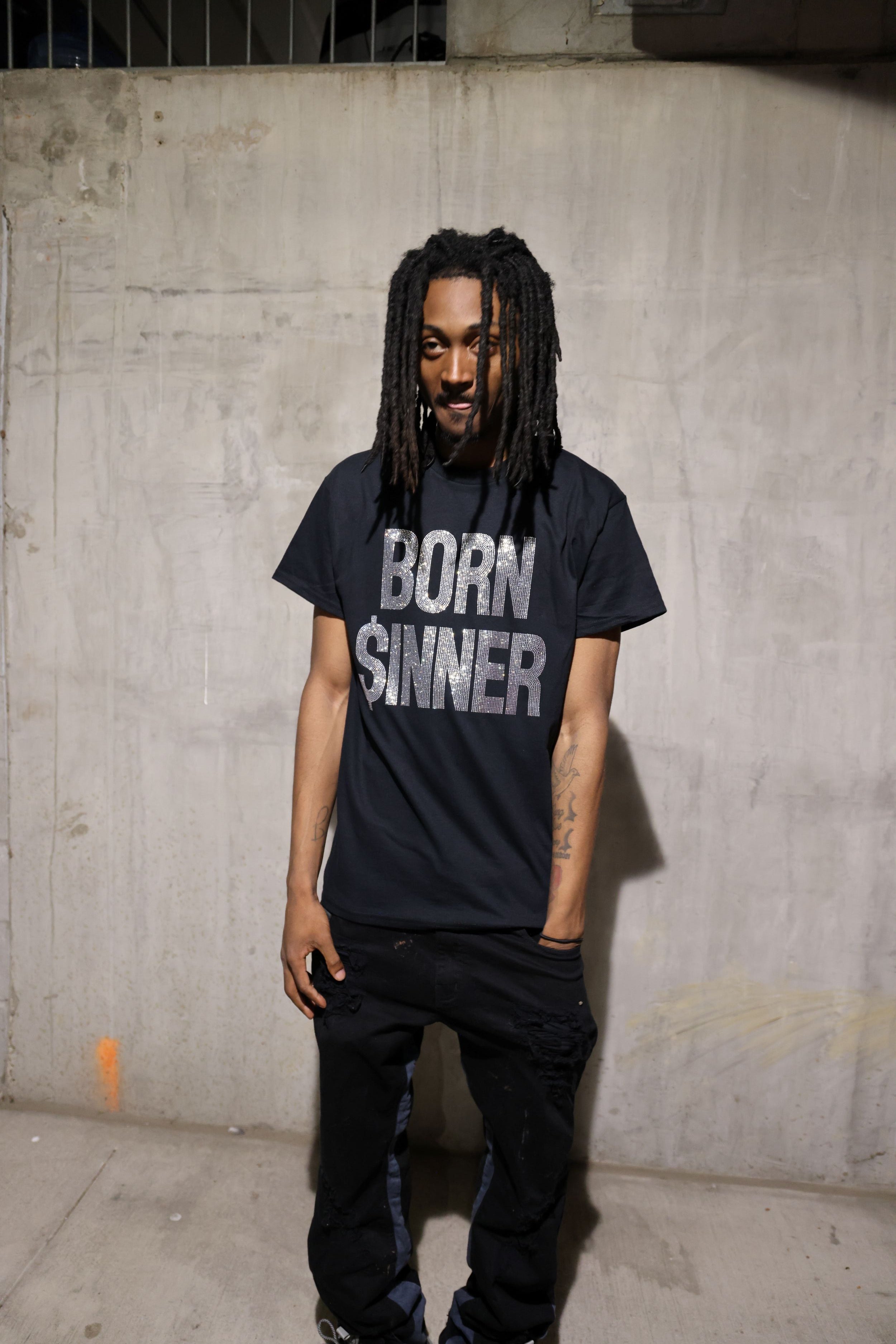Born Sinner Rhinestone T-Shirt – Bling Sparkle Statement Tee