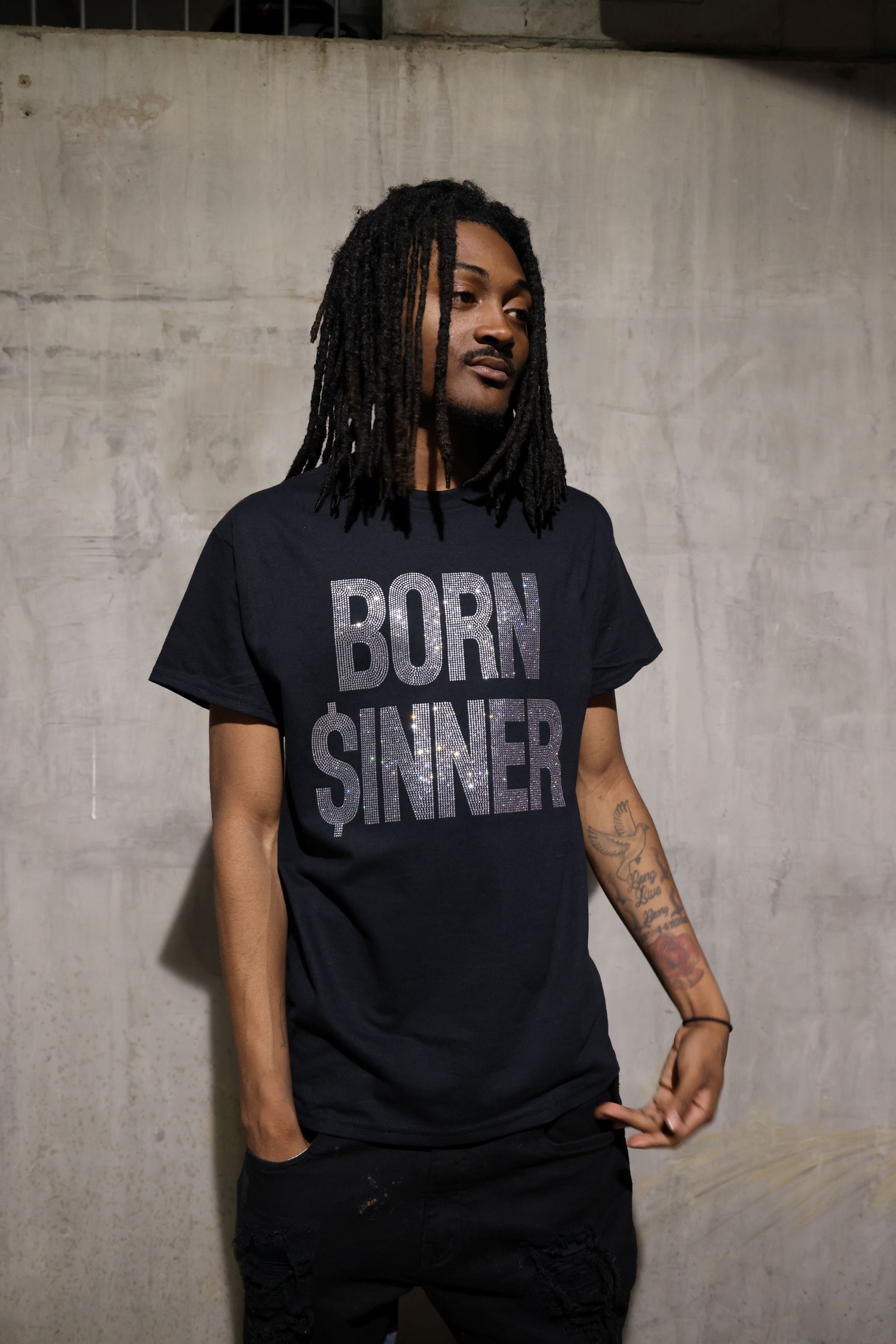 Born Sinner Rhinestone T-Shirt – Bling Sparkle Statement Tee