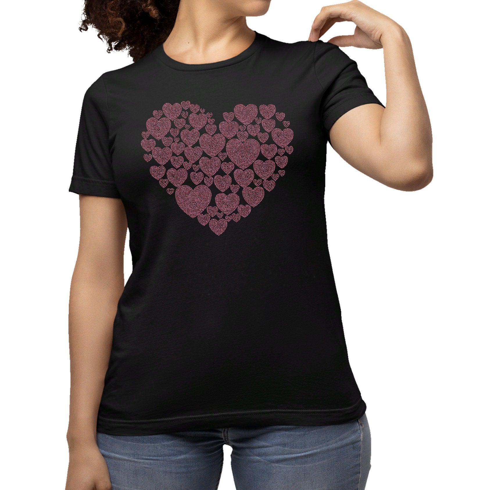 Heart Love Rhinestone T-Shirt, Matching Heart Design Tee-Shirt, Ladies Special Top Sweatshirt, Romantic Gift Idea for Girlfriend & Boyfriend Main image