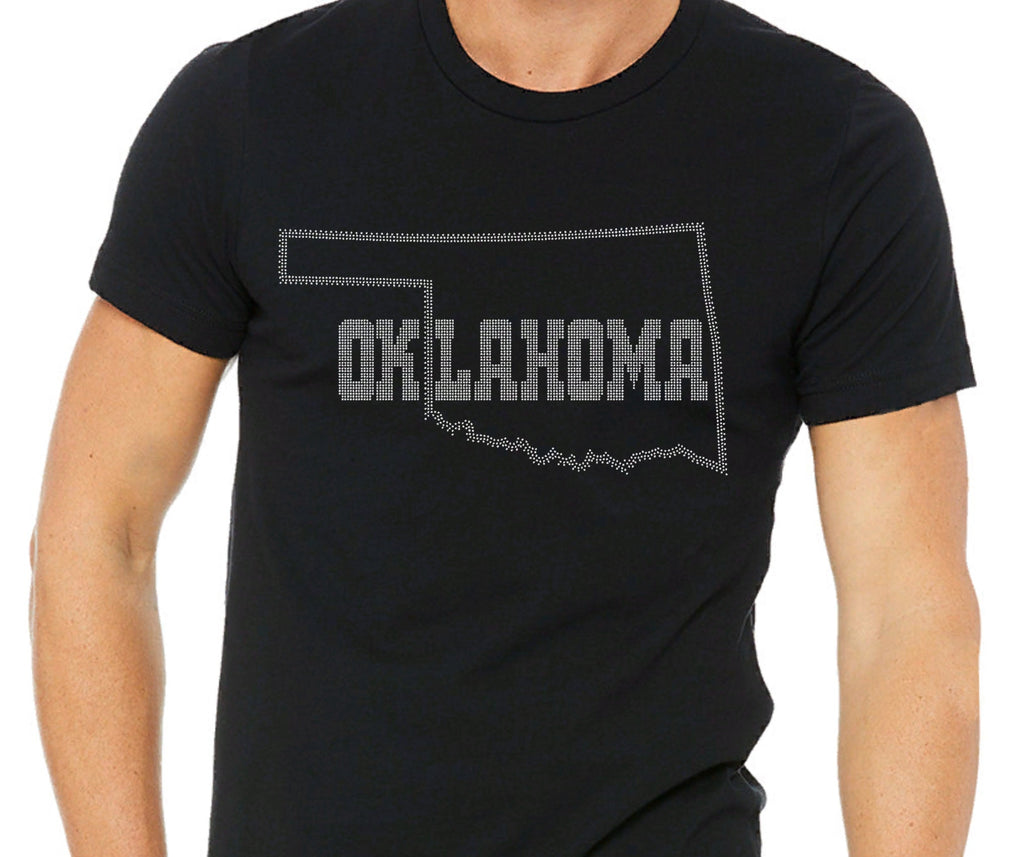 Oklahoma Rhinestone T-Shirt: Silver & Crimson Map Design