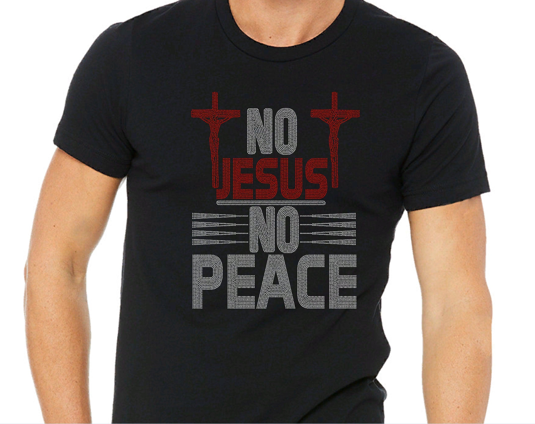Rhinestone Christian T-Shirt: No Jesus No Peace, Faith Apparel Secondary image
