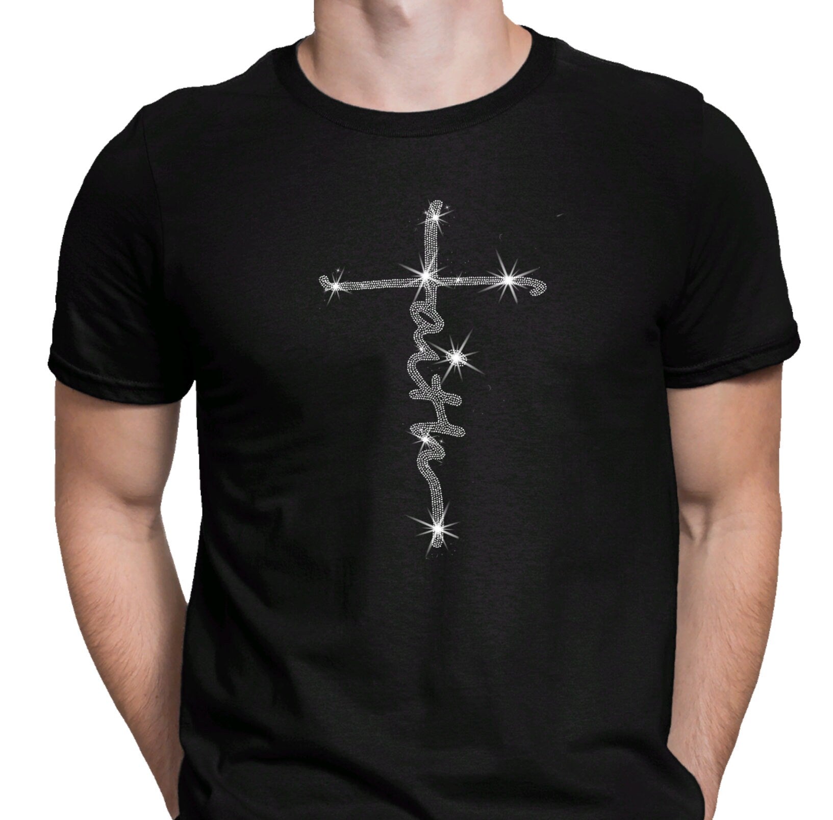 Vertical Faith & Cross Rhinestone T-Shirt, Jesus Aesthetic Tee-Shirt, Cute Christian Christmas Church Sweatshirt, Sunday Worship Apparel Secondary image