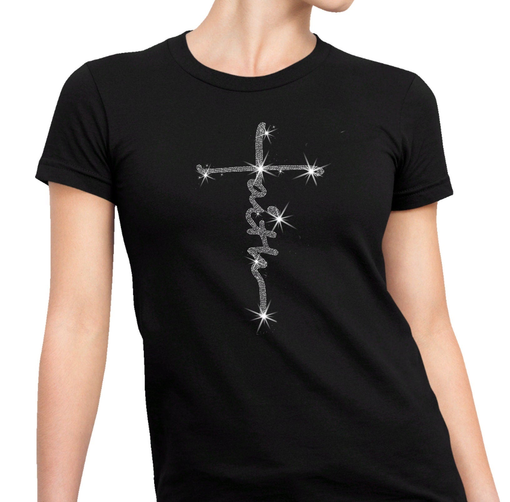 Vertical Faith & Cross Rhinestone T-Shirt, Jesus Aesthetic Tee-Shirt, Cute Christian Christmas Church Sweatshirt, Sunday Worship Apparel Main image