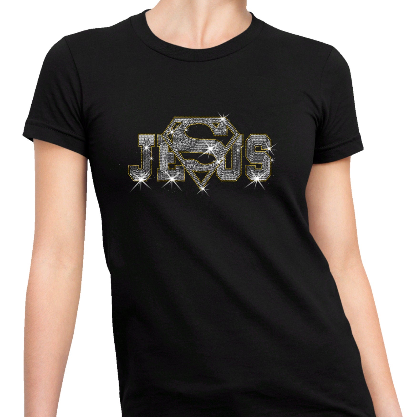 Jesus Saves Rhinestone T-Shirt: Christian Superhero Tee Main image