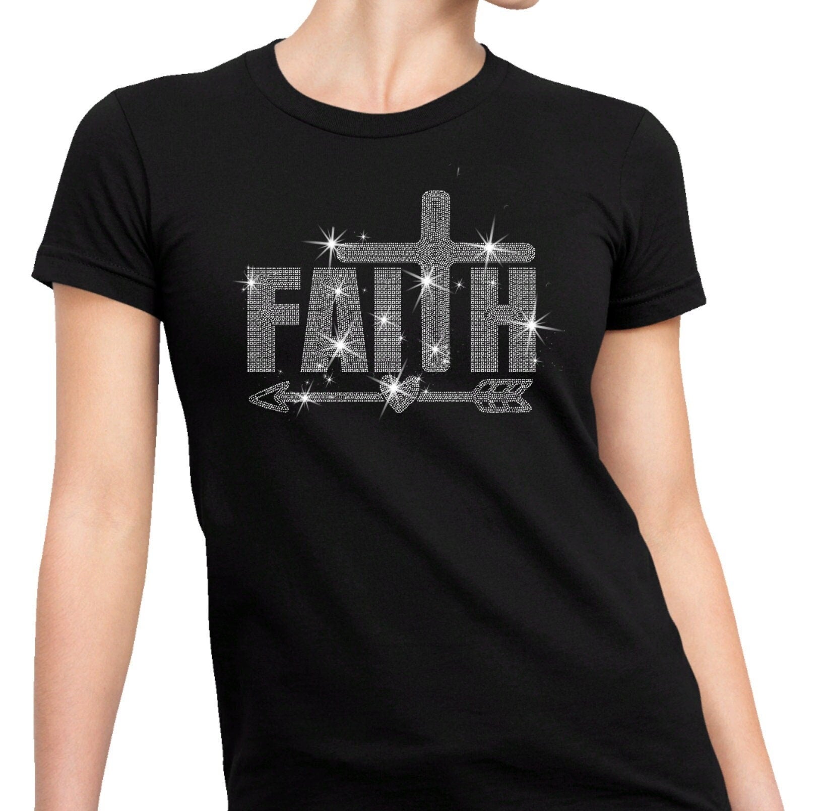 Faith Rhinestone T-Shirt: Christian Cross Arrow Design Main image