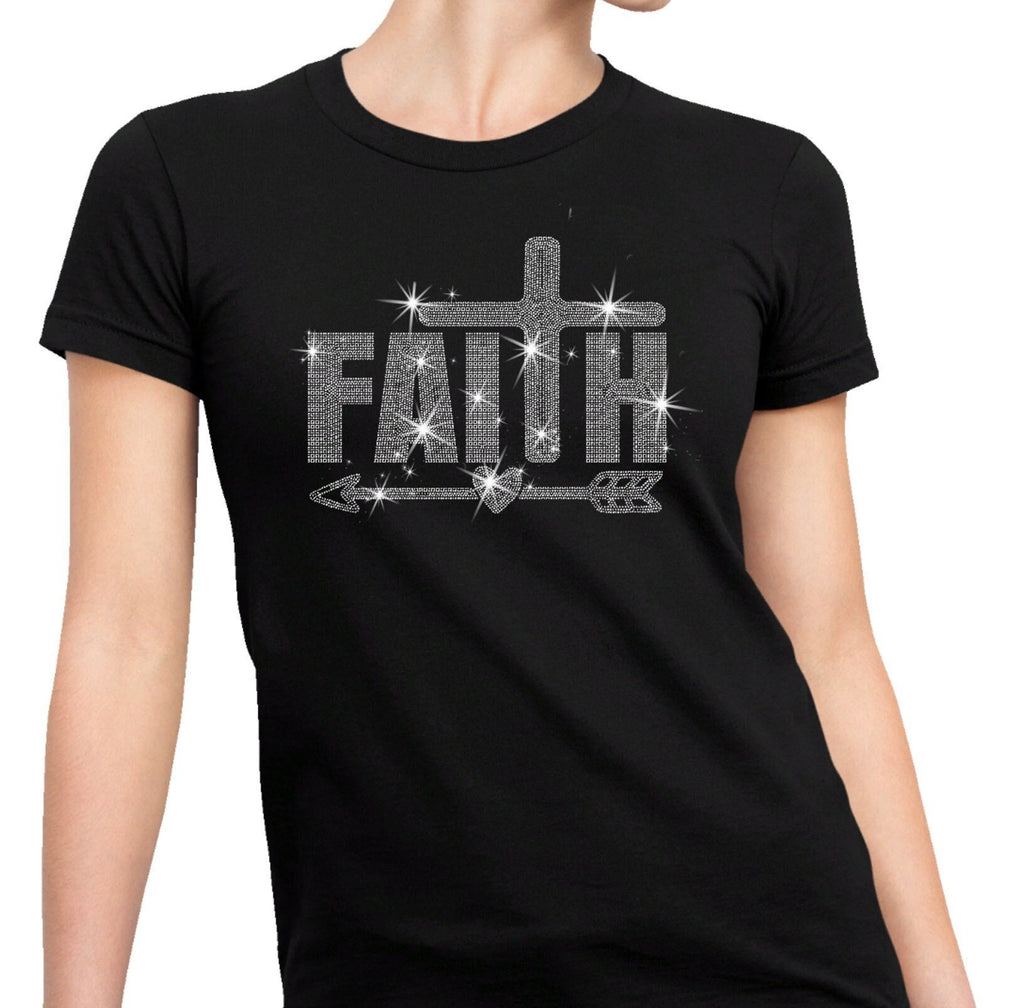 Faith Rhinestone T-Shirt: Christian Cross Arrow Design