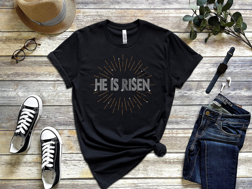 He Is Risen Rhinestone T-Shirt: Sparkling Easter Christian Tee