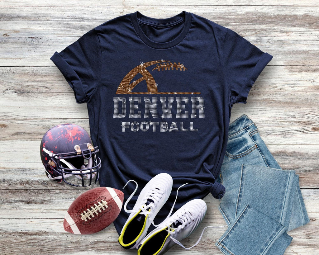 Denver Rhinestone Football T-Shirt: Soft Cotton Game Day Apparel
