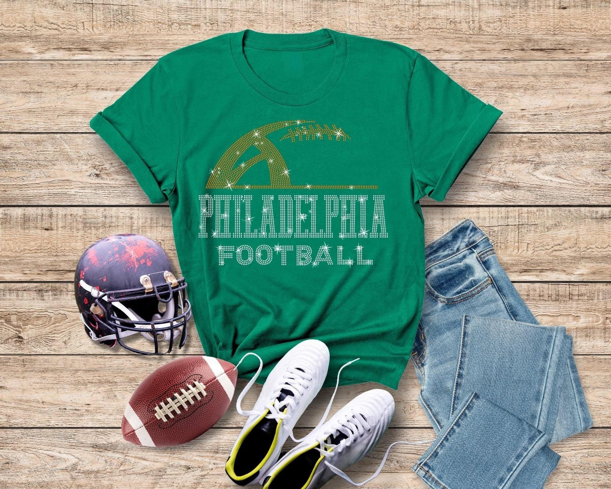 Philadelphia Rhinestone Football T-Shirt: Glitter Bling Game Day Outfit