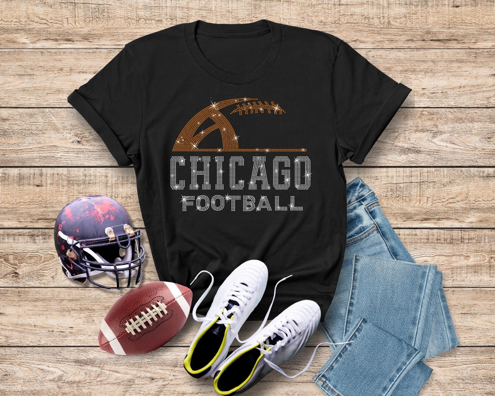 Chicago Rhinestone Football T-Shirt: Trendy Game Day Apparel