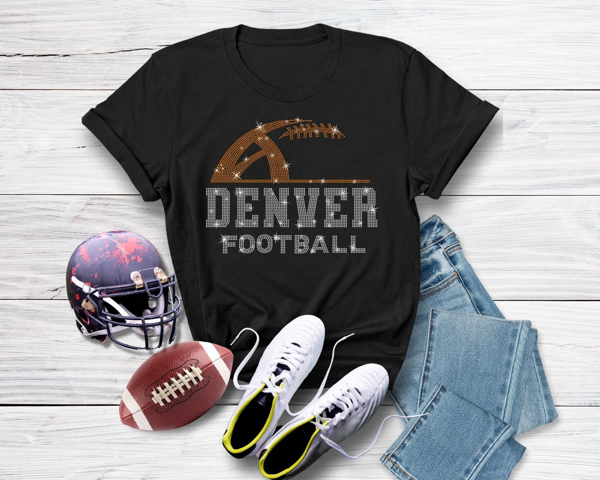 Denver Rhinestone Football T-Shirt: Soft Cotton Game Day Apparel Secondary image