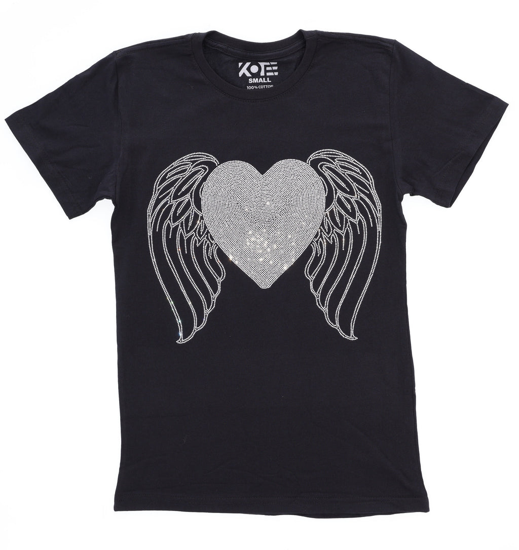 Rhinestone Angel Wings Heart T-Shirt: Memorial Apparel