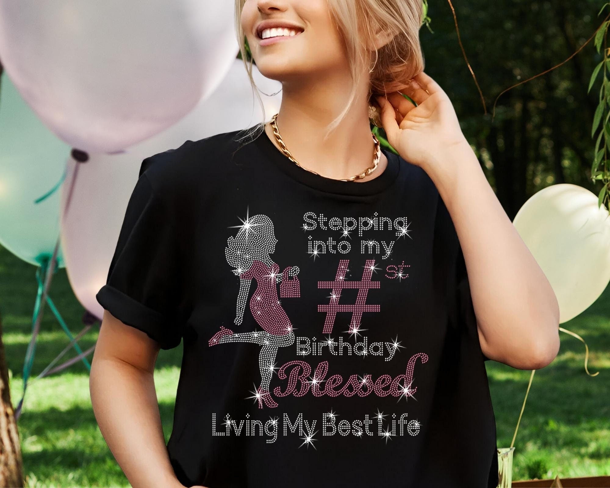 Custom Rhinestone Birthday T-Shirt: Stepping Into My Birthday Bling Tee Main image