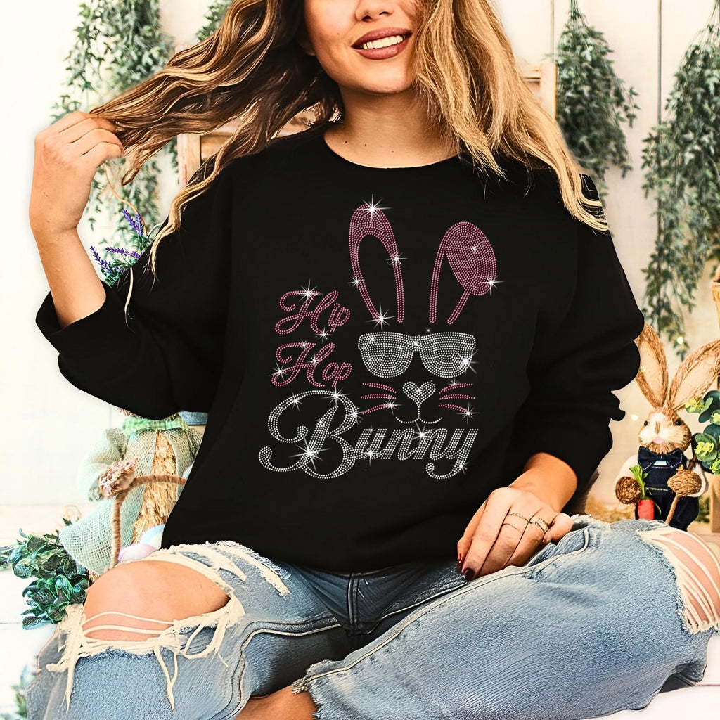 Hip Hop Bunny with Sunglasses Rhinestone Sweatshirt, Cute Easter Bunny Tee-Shirt, Bunny Lovers Apparel, Family Members Matching Shirt