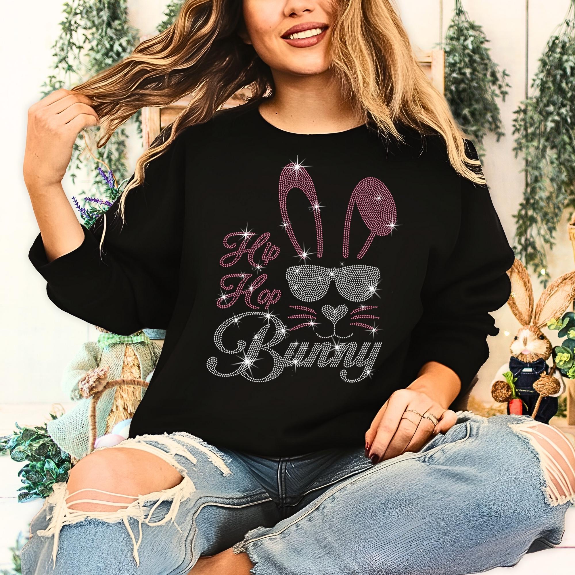 Hip Hop Bunny with Sunglasses Rhinestone Sweatshirt, Cute Easter Bunny Tee-Shirt, Bunny Lovers Apparel, Family Members Matching Shirt