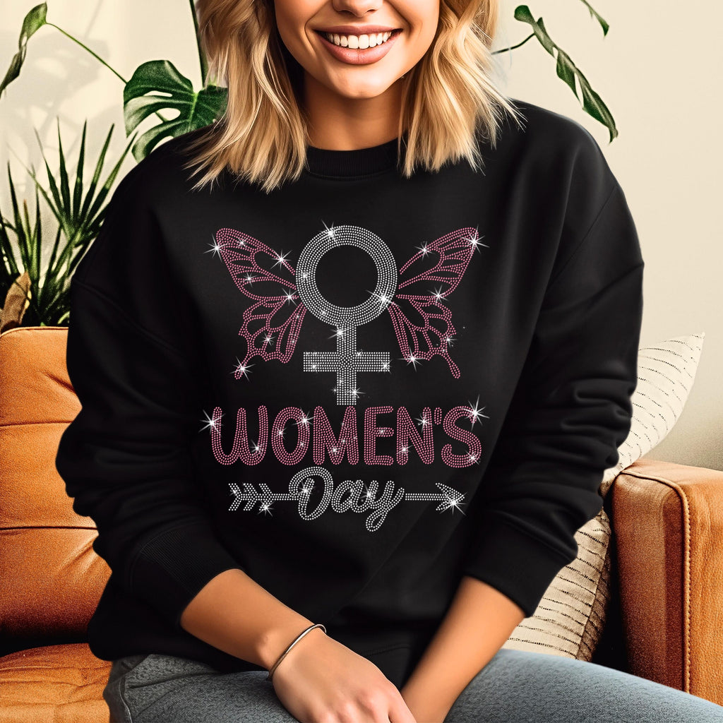 Rhinestone Women's Day Sweatshirt: Empowerment Apparel