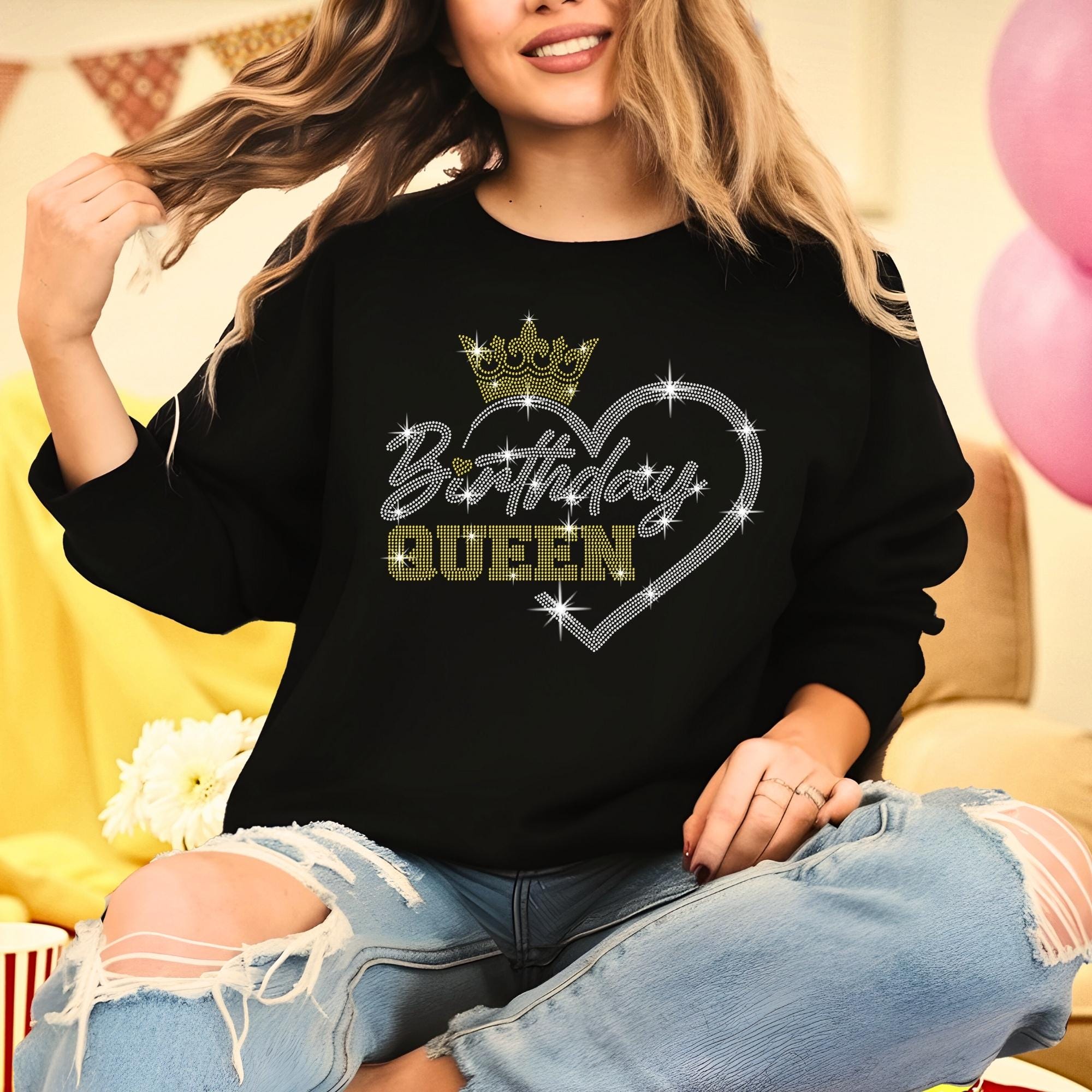 Birthday Queen Rhinestone T-Shirt, Cute Woman Tee-Shirt with Heart and Crown , Girl's Bling Shirt, Best Gift for Wife or Girl Friend Main image