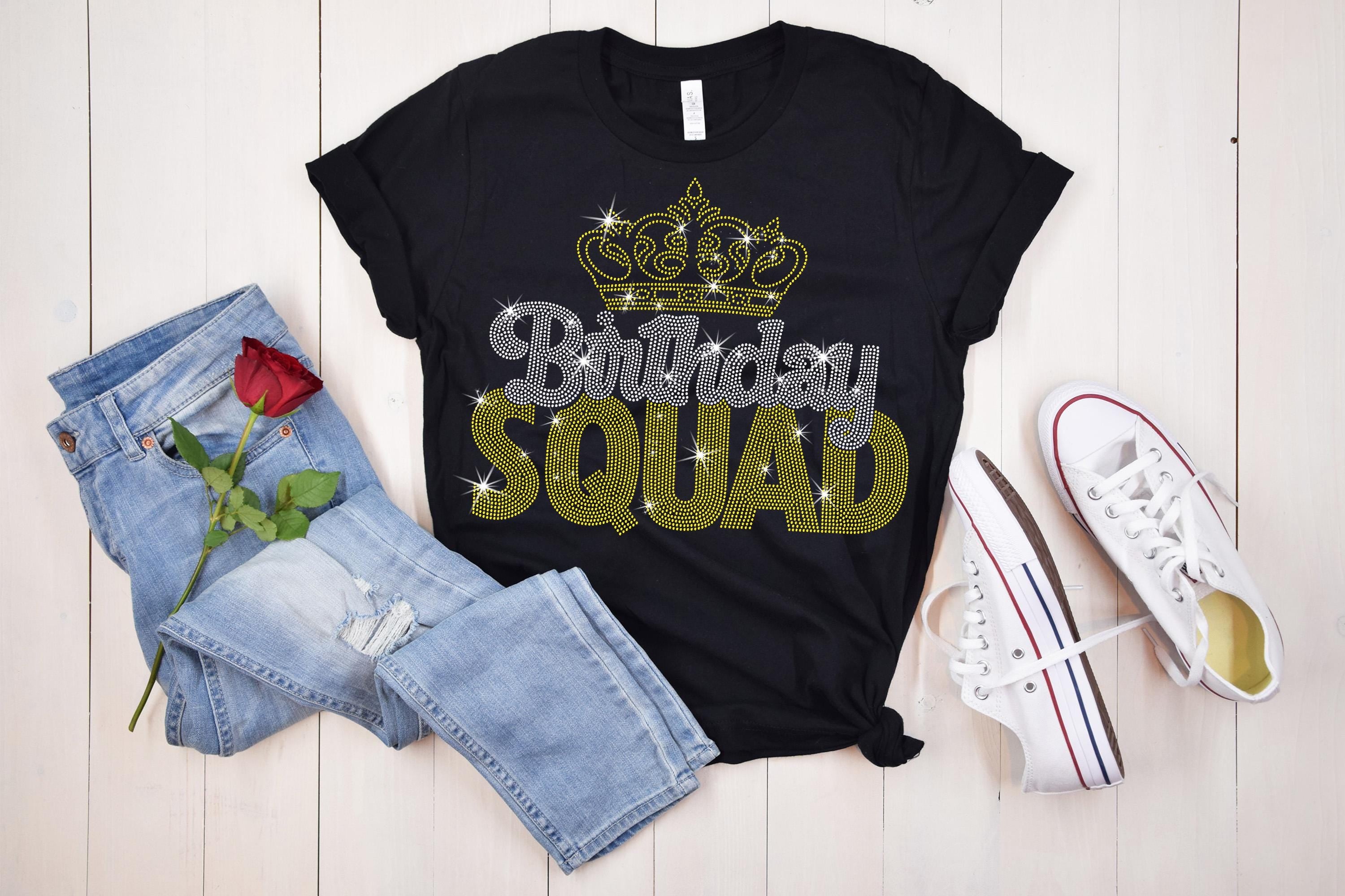Birthday Queen and Squad Rhinestone Shirt, Glittering Unique Design Tee, Birthday Girl Squad, Perfect Gift for Best Friend