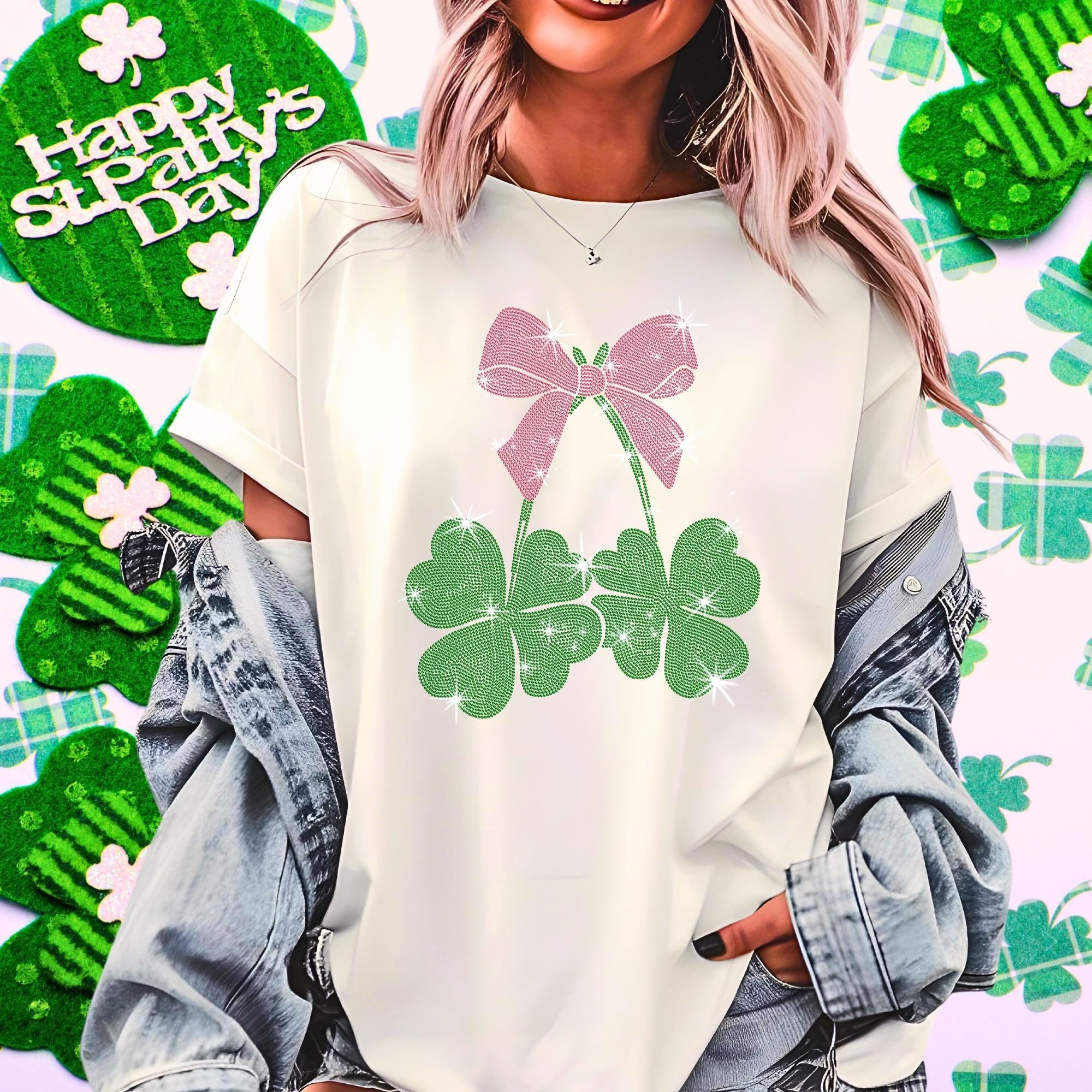 Rhinestone Shamrock T-Shirt: Clover Ribbon Cherry Design, St. Patrick's Day Tee