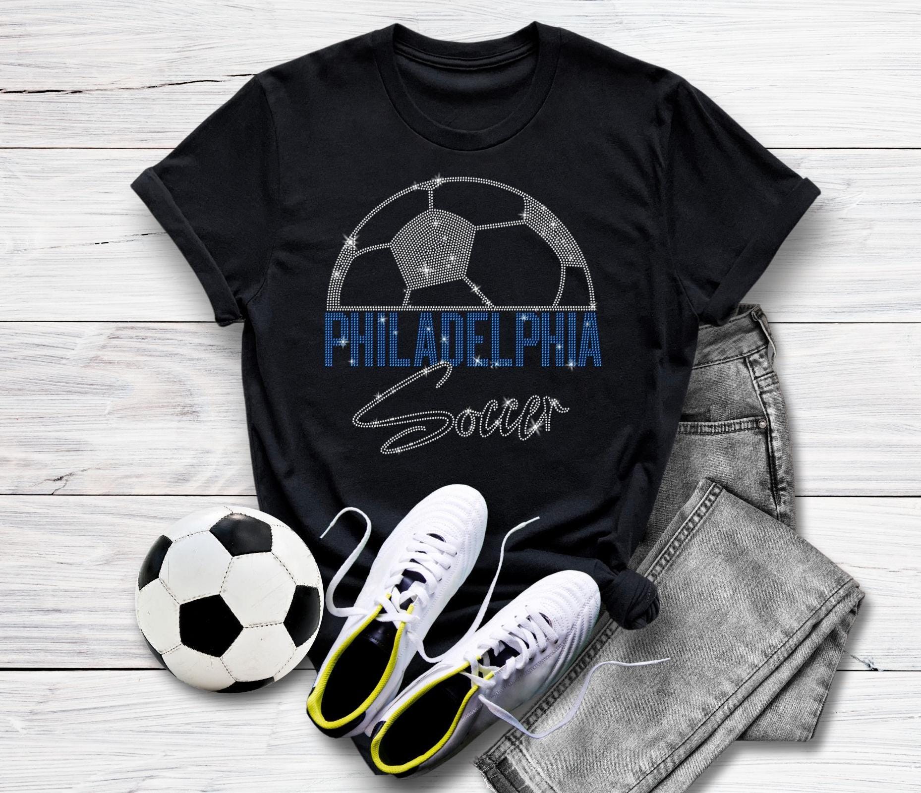 Philadelphia Rhinestone T-Shirt, Sundays are Soccer Shirt, Aesthetic Tops Shirt, Athletic Apparel, Fit Cotton Outfit, Gifts for Boyfriend