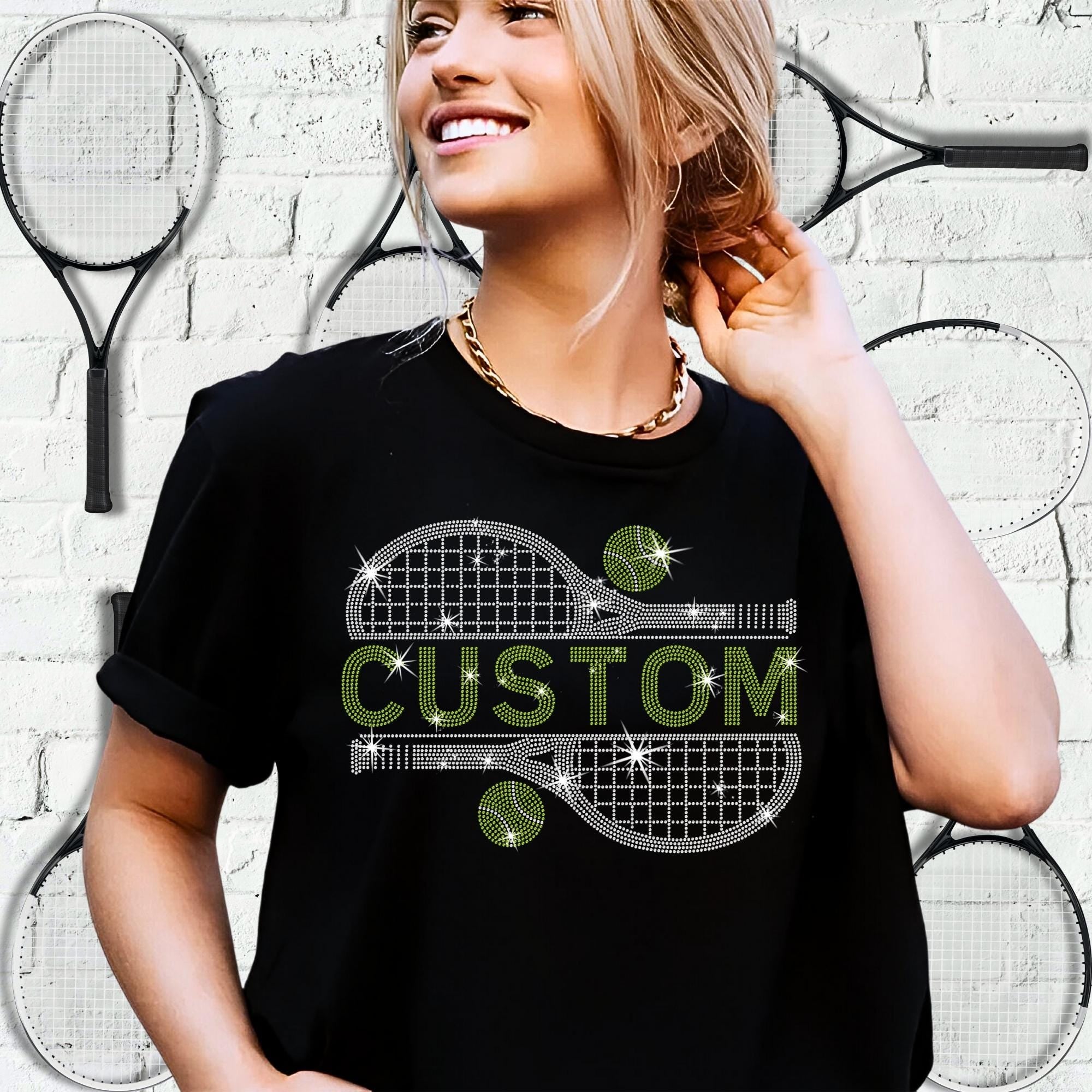 Custom Tennis Rhinestone T-Shirt: Personalized Sport Tee
