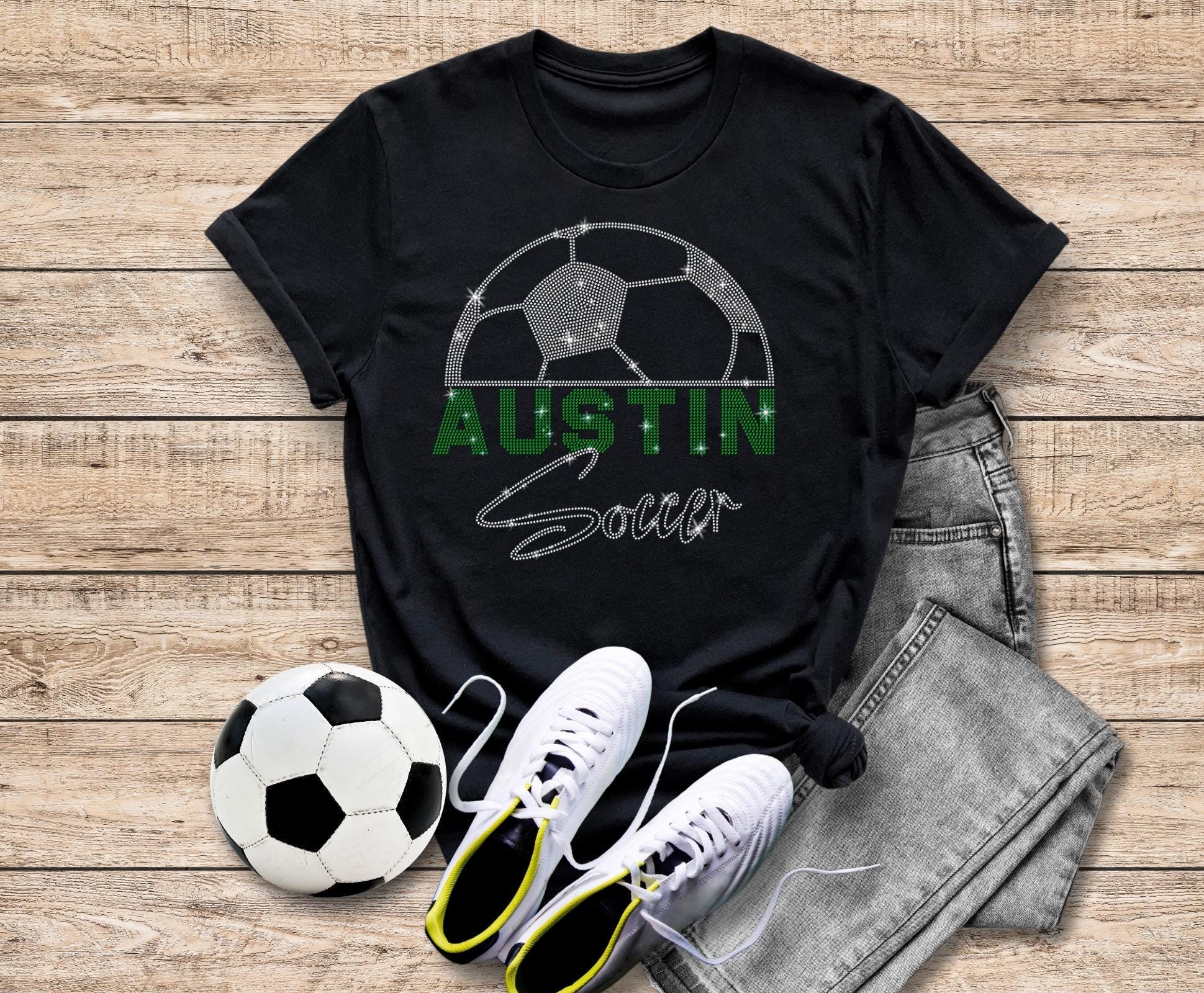 Austin Rhinestone Soccer T-Shirt: Unisex Sports Fan Jersey