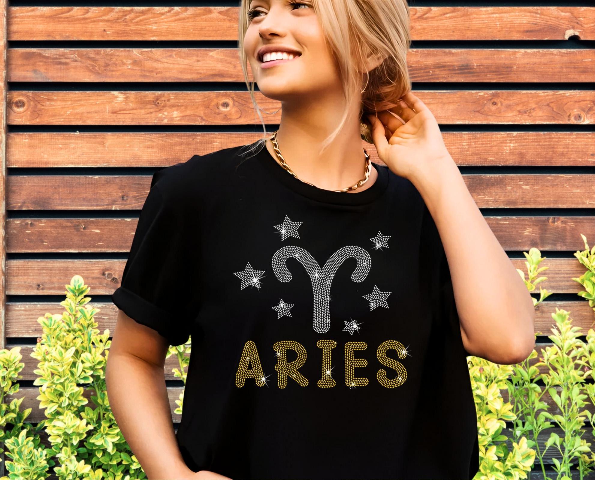 Aries Rhinestone T-Shirt: Retro Zodiac Astrology Gift