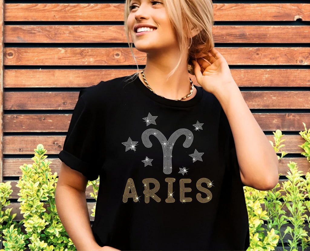 Aries Rhinestone T-Shirt: Retro Zodiac Astrology Gift