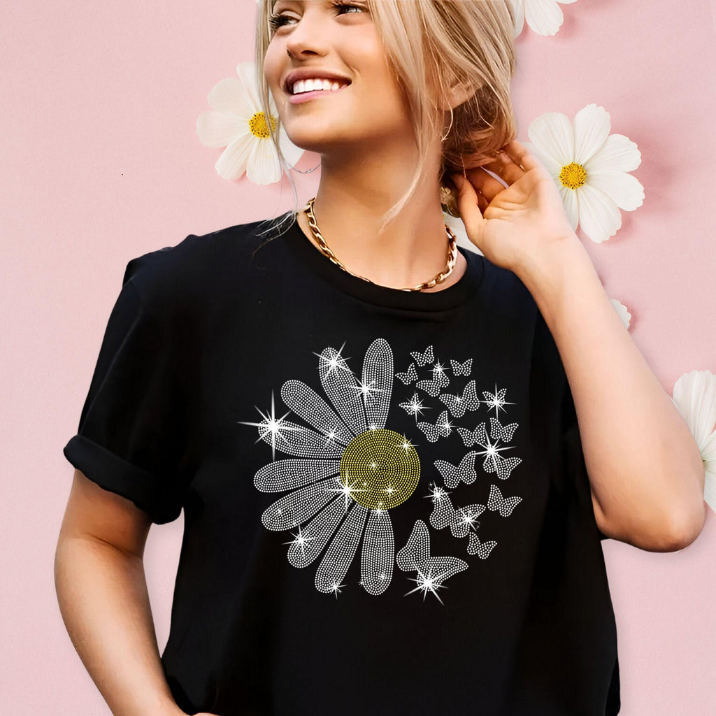 Rhinestone Daisy Butterfly T-Shirt: Inspirational Festival Tee