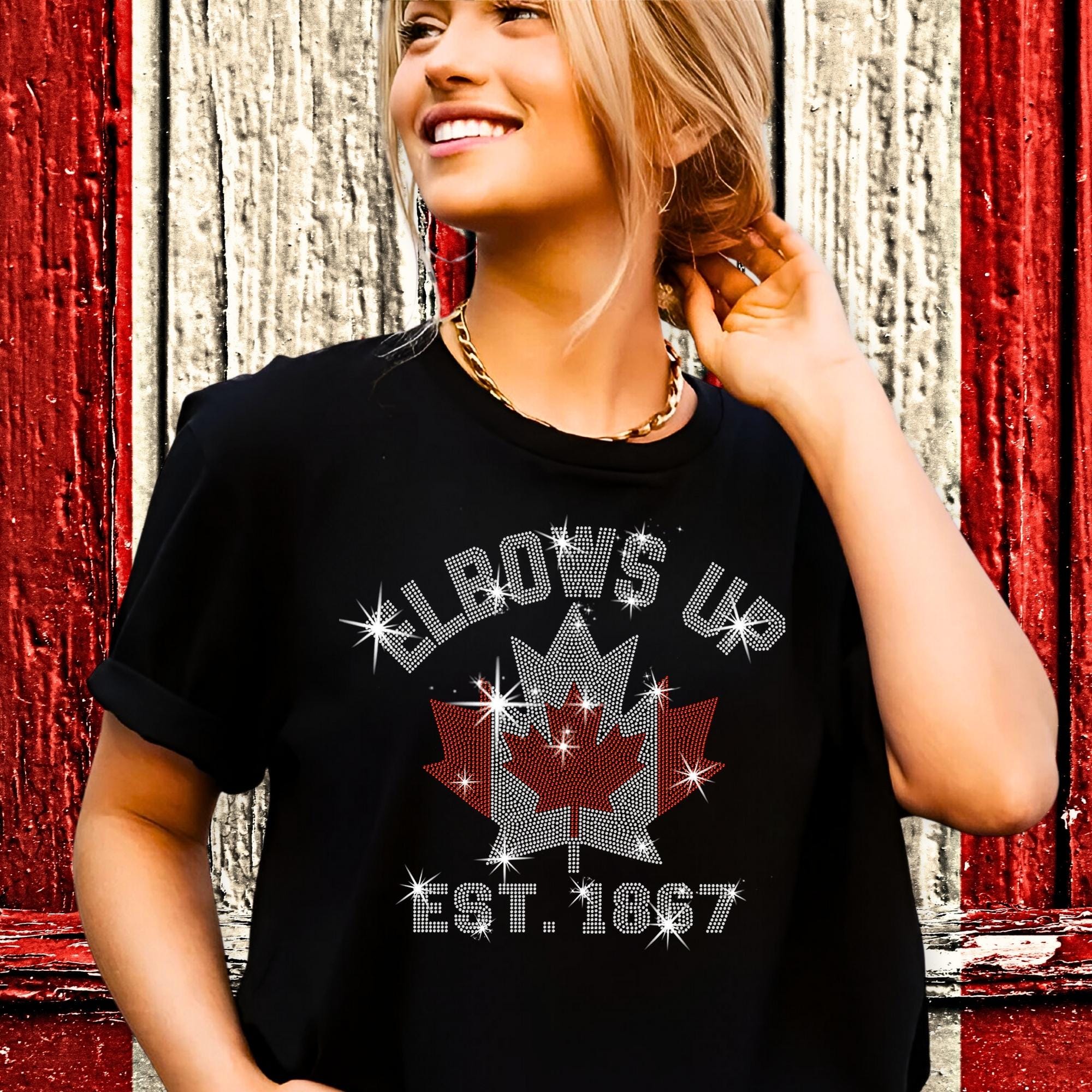 Rhinestone Maple Leaf T-Shirt: Elbows Up Canada Protest Tee