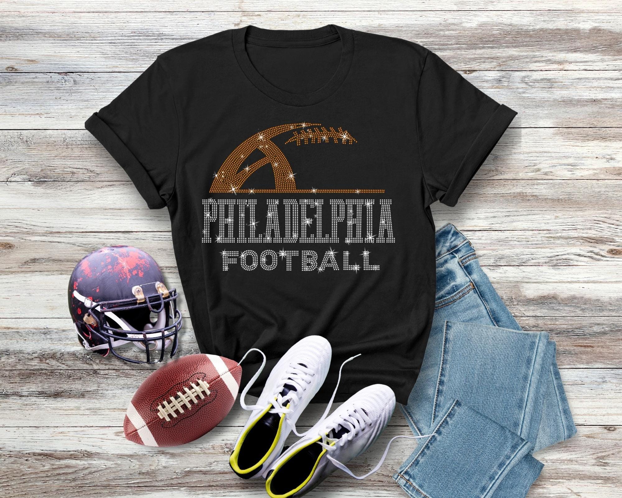 Philadelphia Rhinestone Football T-Shirt: Glitter Bling Game Day Outfit