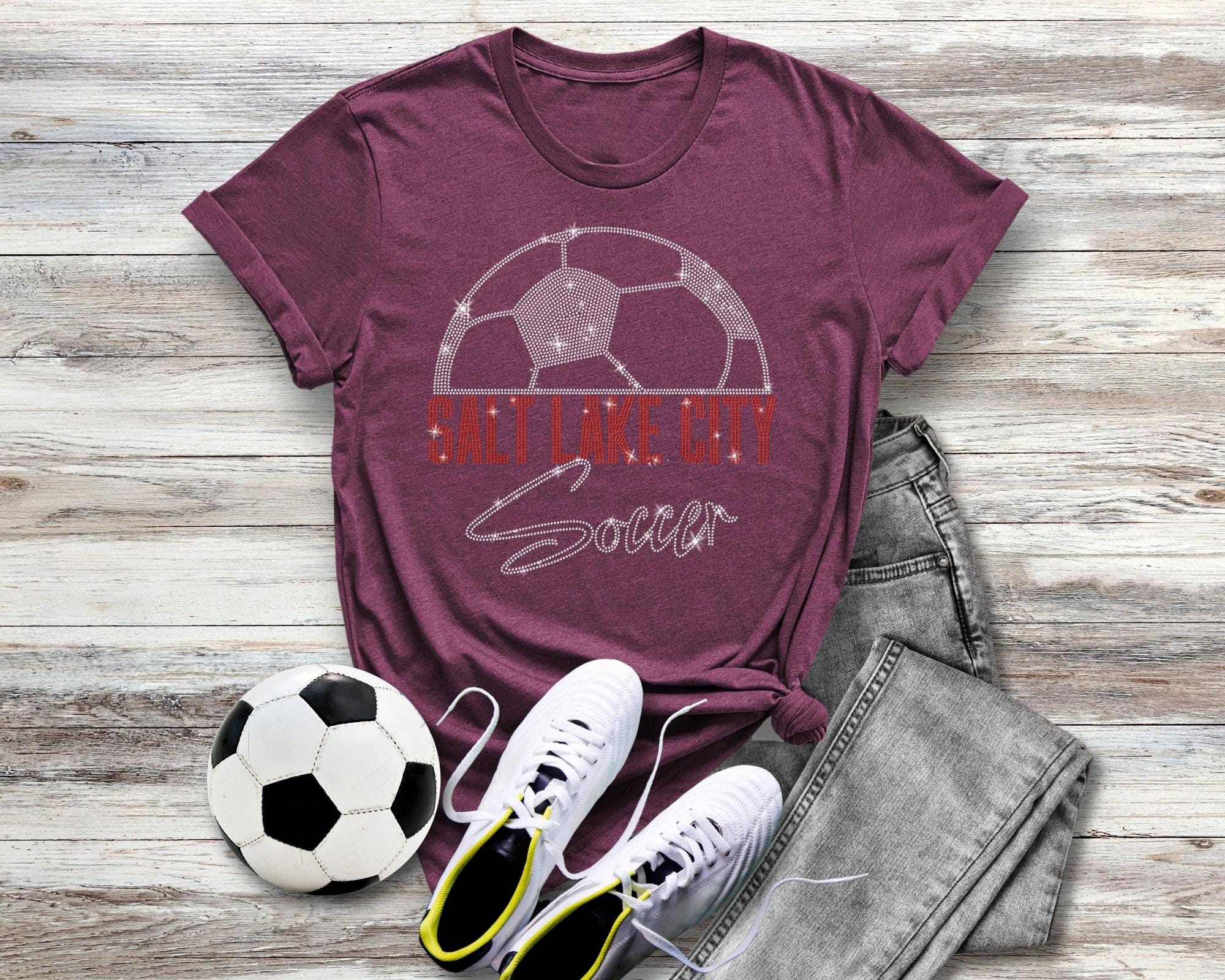 Salt Lake City Rhinestone Soccer T-Shirt: Soft Cotton Team Tee