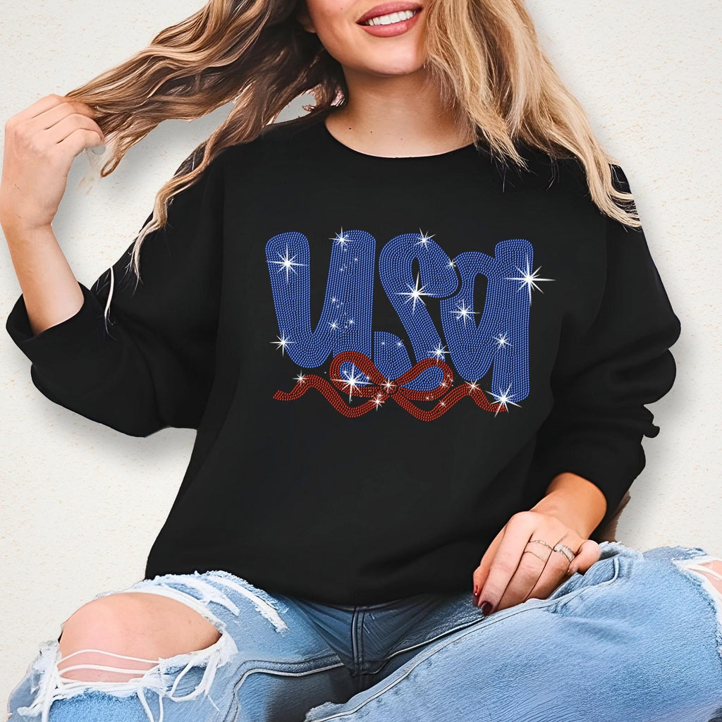 Rhinestone USA T-Shirt: Patriotic Ribbon Design