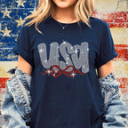 Rhinestone USA T-Shirt: Patriotic Ribbon Design