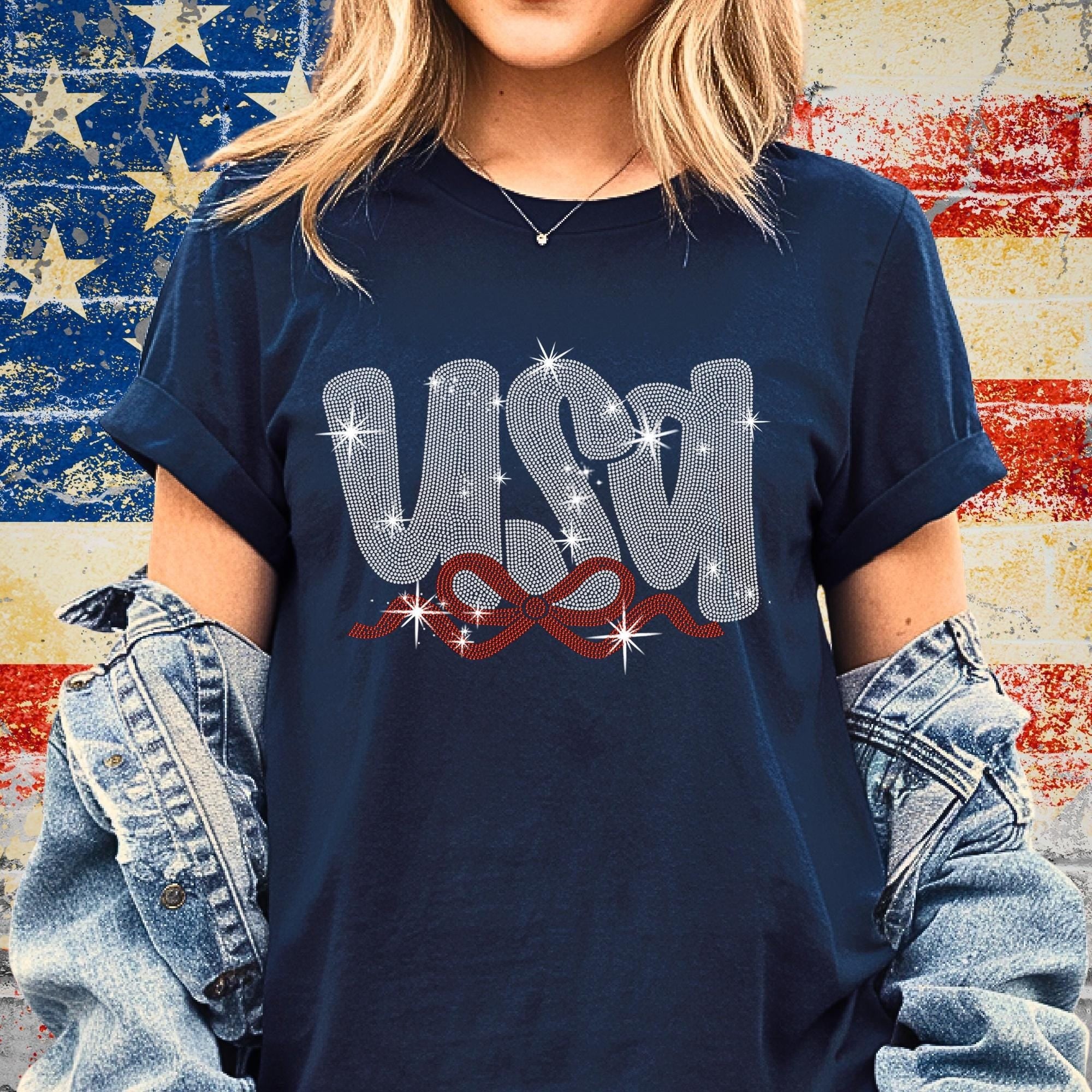 Rhinestone USA T-Shirt: Patriotic Ribbon Design
