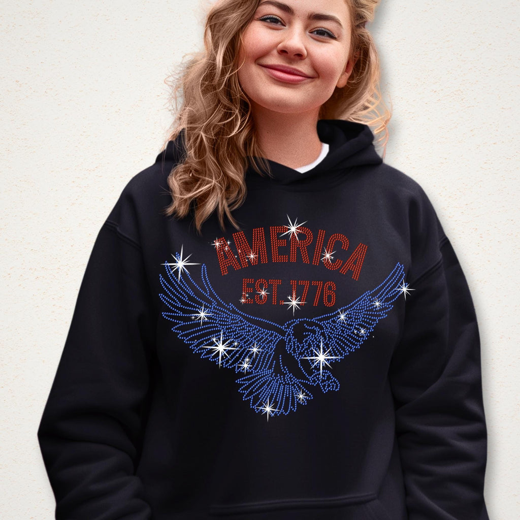 America Est 1776 Eagle Rhinestone T-Shirt: Patriotic 4th of July Apparel