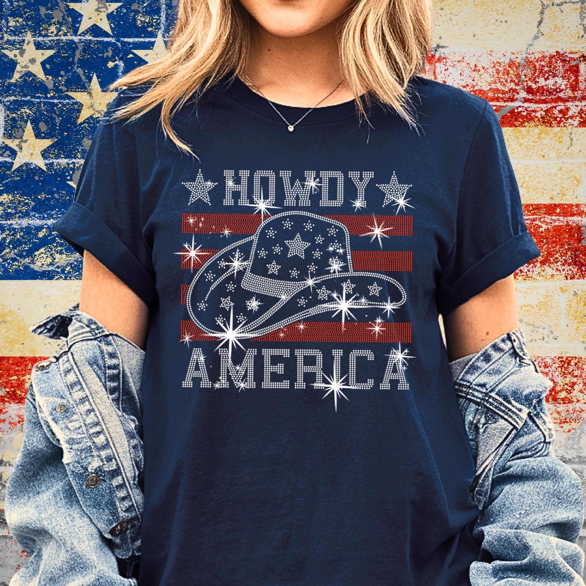 Rhinestone Cowgirl Hat T-Shirt: Howdy America USA Flag Tee
