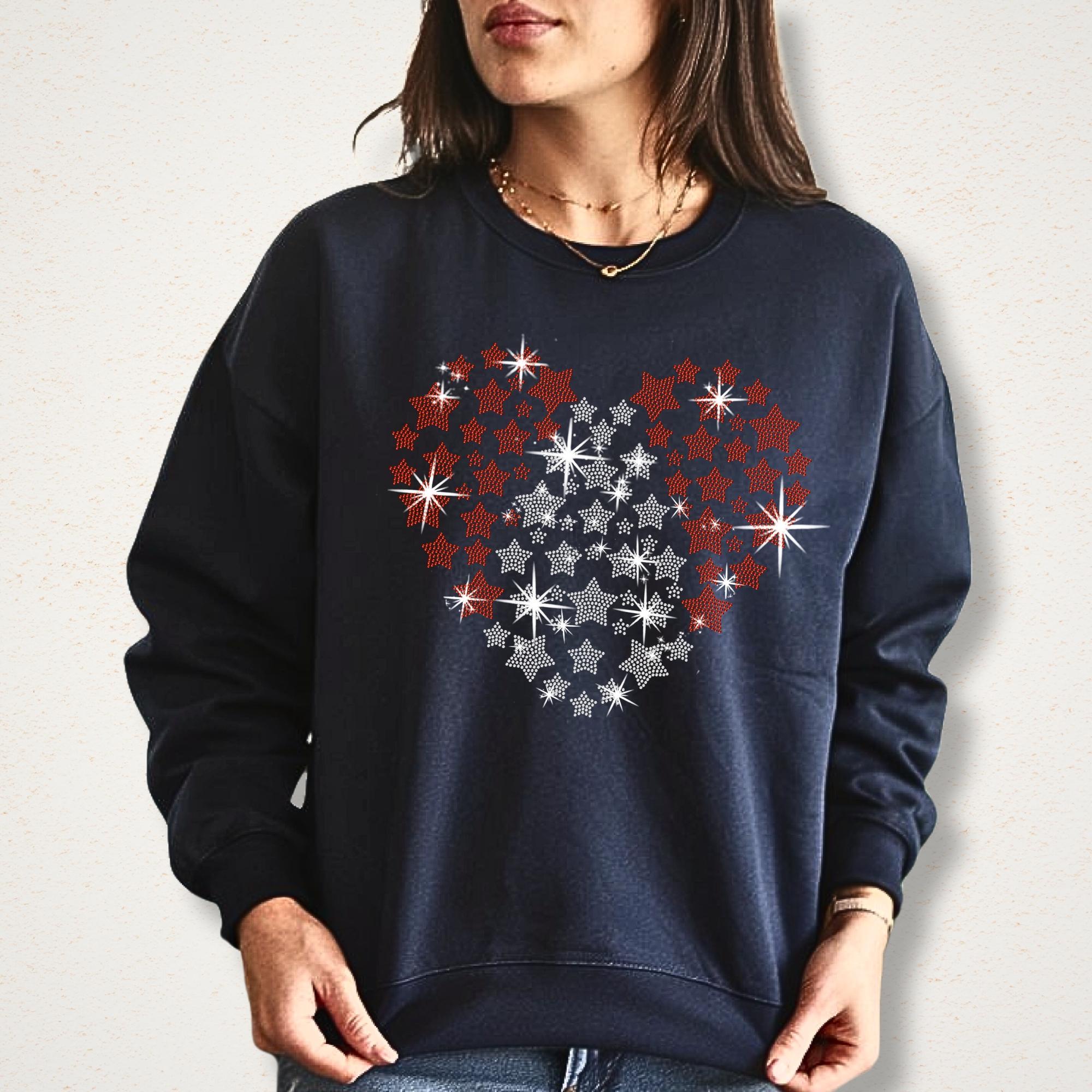 Rhinestone Heart Stars T-Shirt: Red White Blue USA Pride Tee
