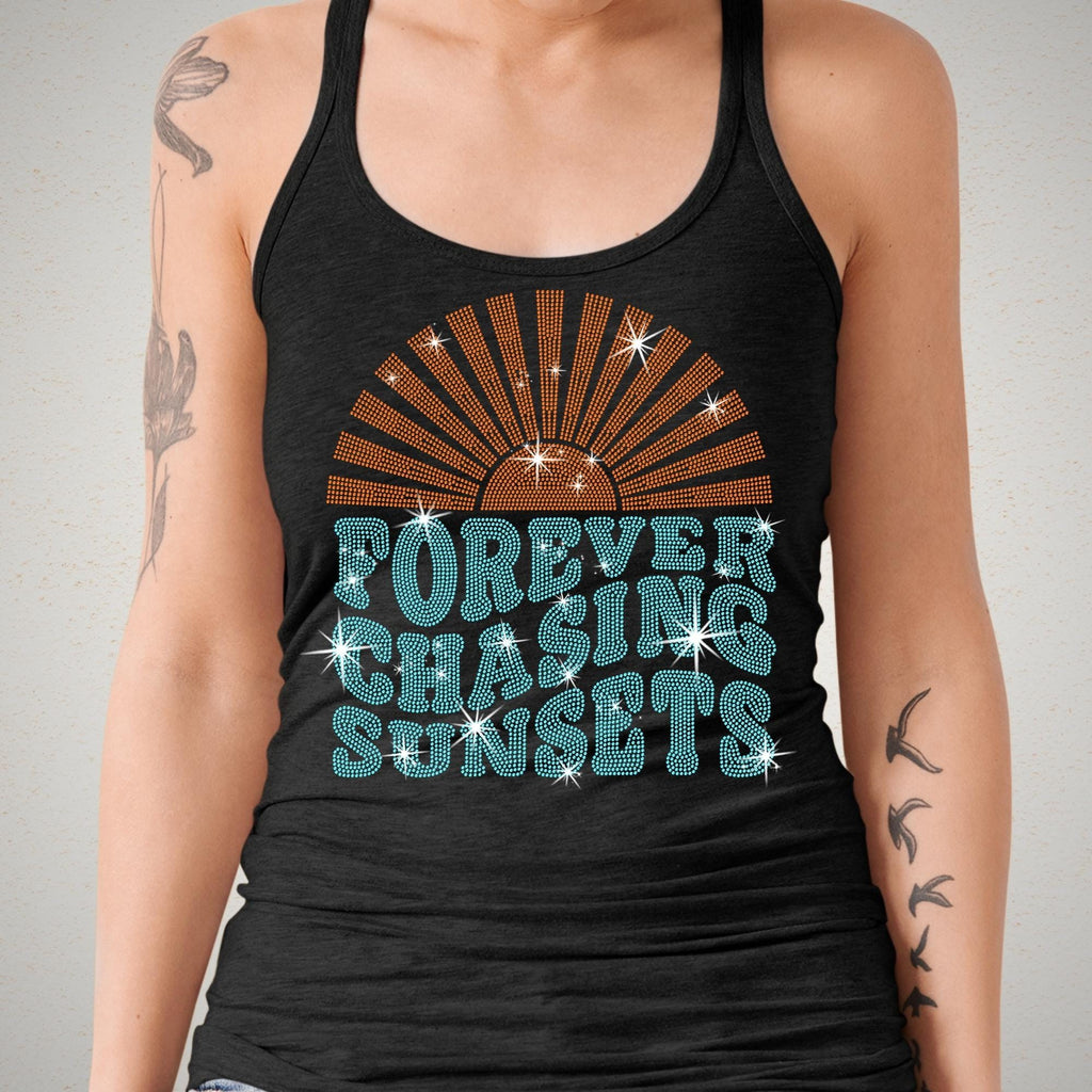 Forever Chasing Sunsets Rhinestone T-Shirt, Aesthetic Summer Shirt, Beach Lovers Tee, Sunshine Shirt, Girls Trip Tee, Family Vacation Gift