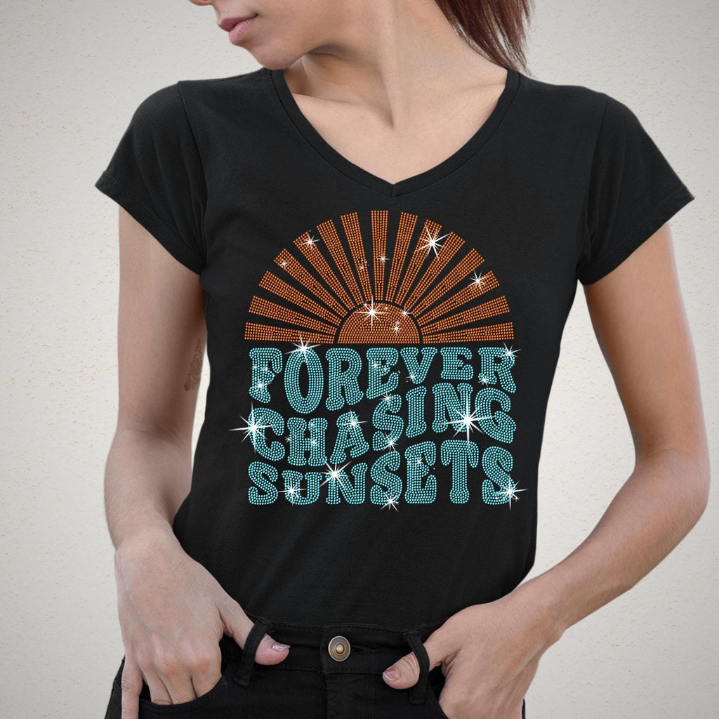 Forever Chasing Sunsets Rhinestone T-Shirt, Aesthetic Summer Shirt, Beach Lovers Tee, Sunshine Shirt, Girls Trip Tee, Family Vacation Gift