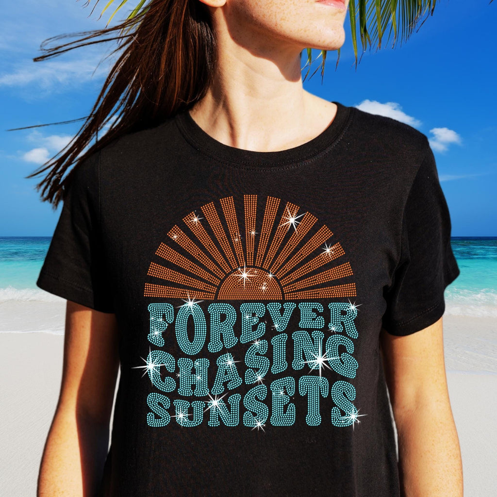 Forever Chasing Sunsets Rhinestone T-Shirt, Aesthetic Summer Shirt, Beach Lovers Tee, Sunshine Shirt, Girls Trip Tee, Family Vacation Gift