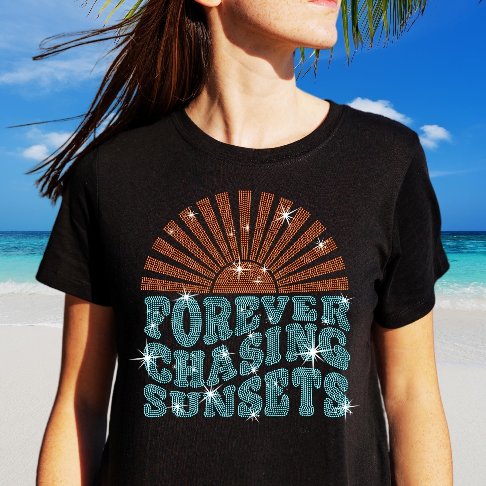 Forever Chasing Sunsets Rhinestone T-Shirt, Aesthetic Summer Shirt, Beach Lovers Tee, Sunshine Shirt, Girls Trip Tee, Family Vacation Gift