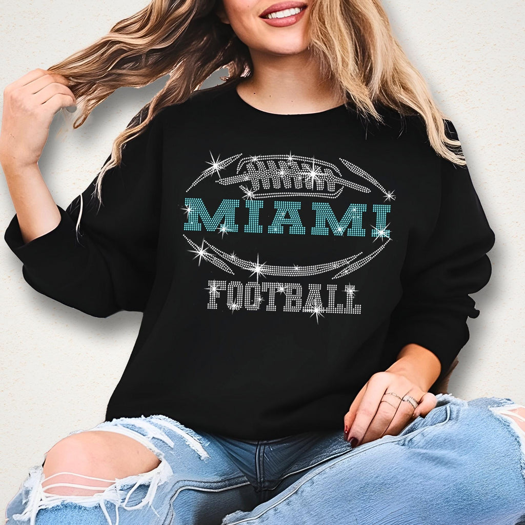 Miami Rhinestone Football T-Shirt: Sparkling Game Day Tee