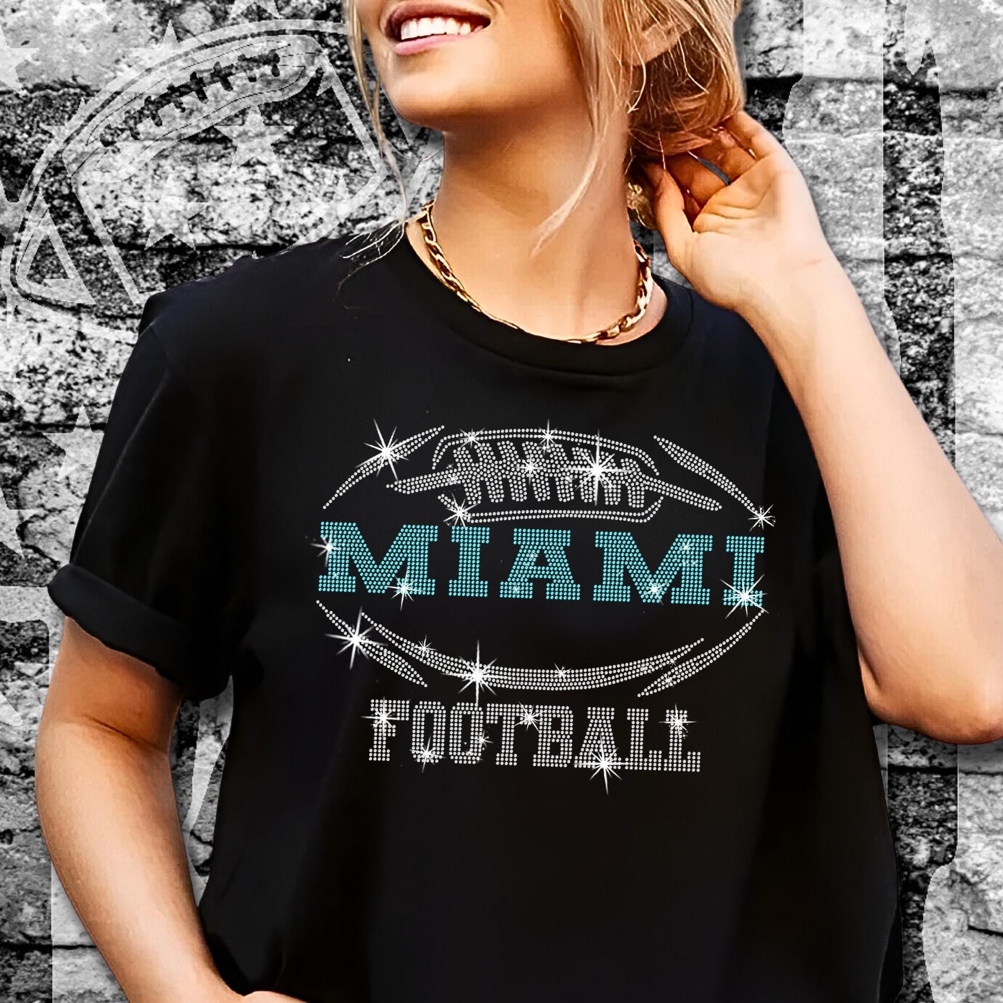Miami Rhinestone Football T-Shirt: Sparkling Game Day Tee Main image