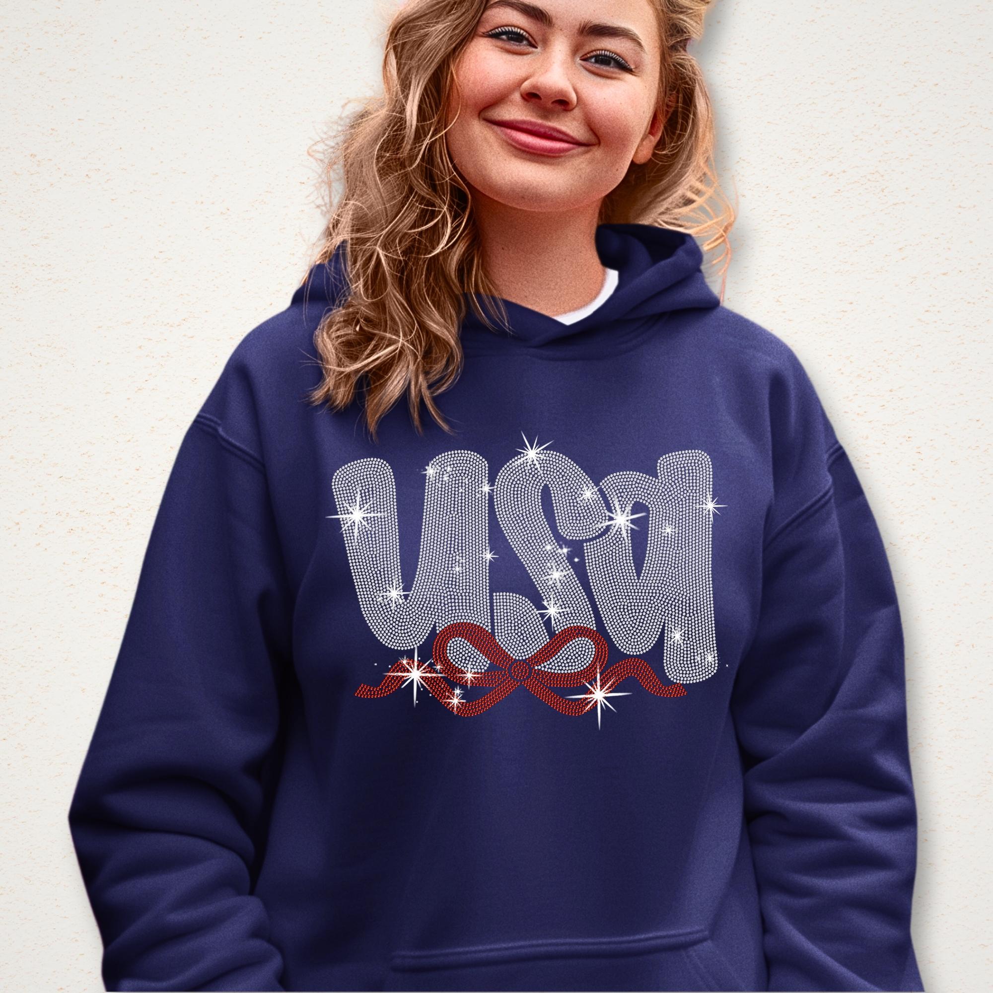 Rhinestone USA T-Shirt: Patriotic Ribbon Design