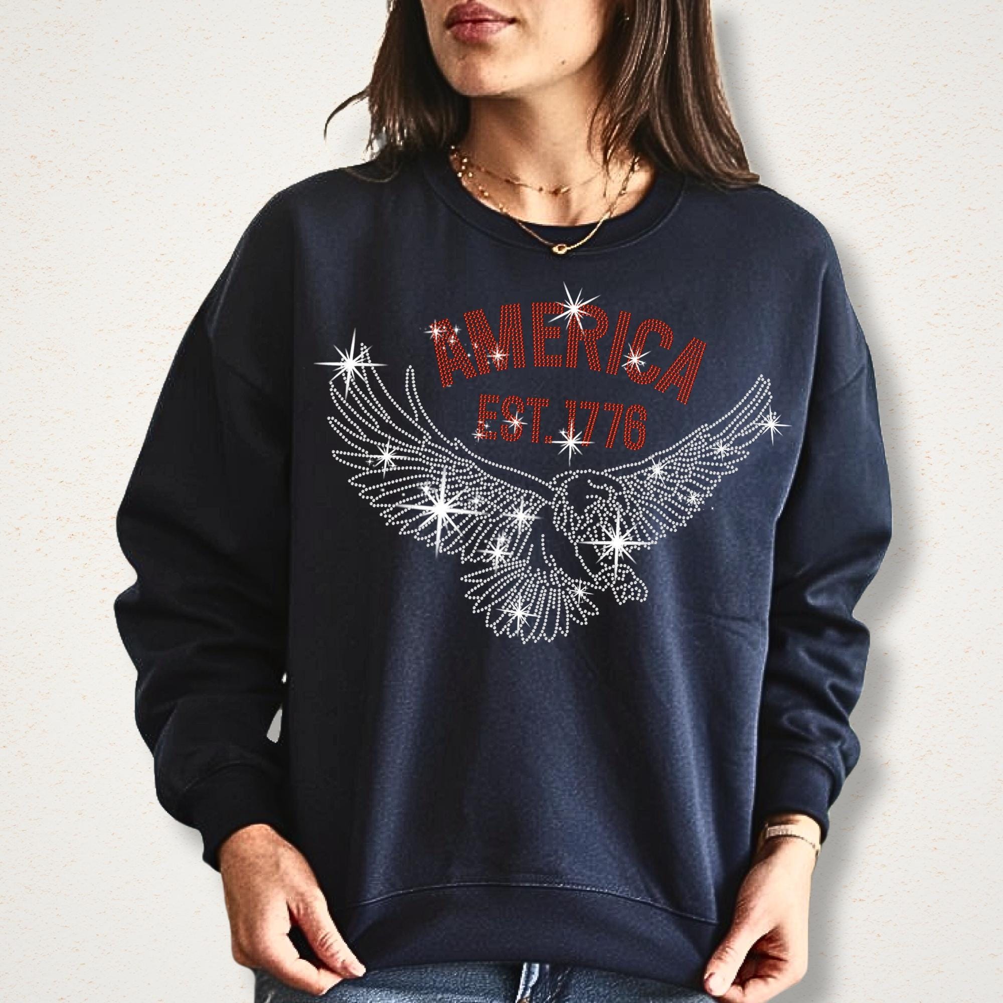 America Est 1776 Eagle Rhinestone T-Shirt: Patriotic 4th of July Apparel Secondary image