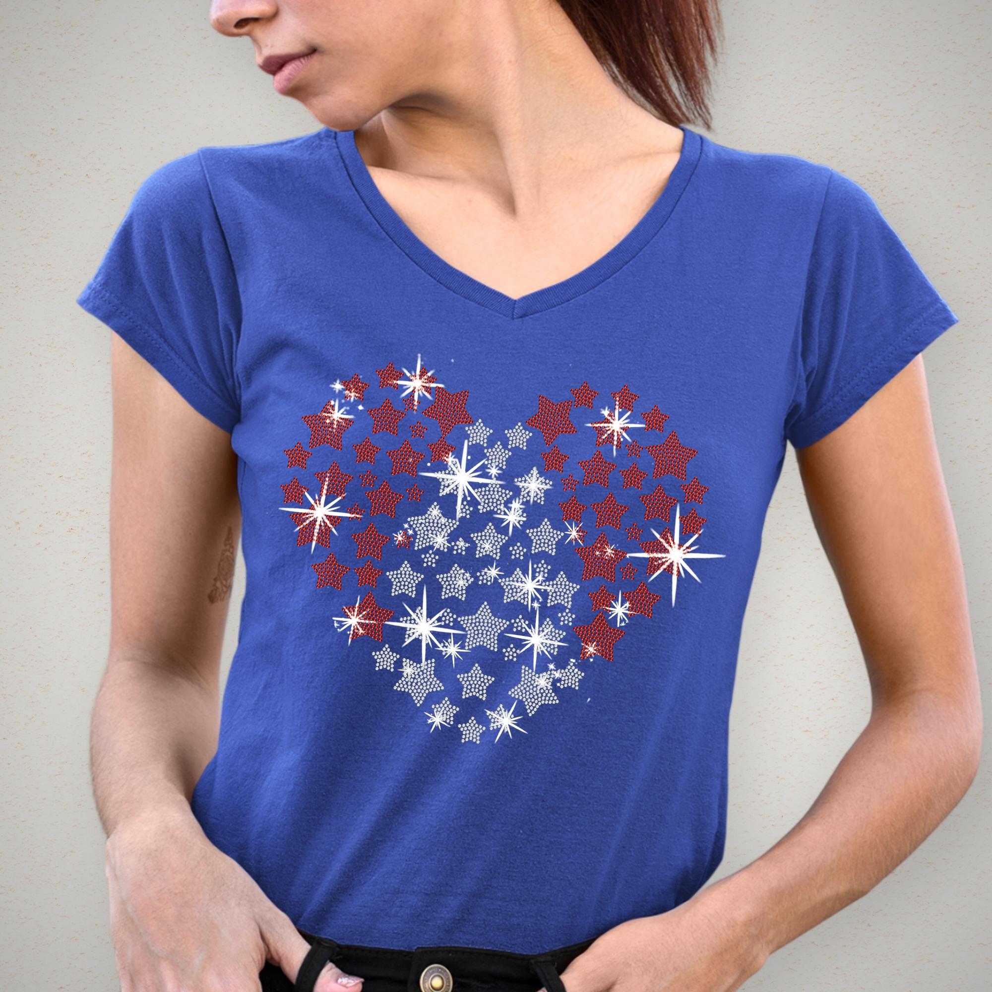 Rhinestone Heart Stars T-Shirt: Red White Blue USA Pride Tee