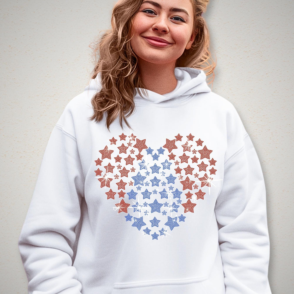 Rhinestone Heart Stars T-Shirt: Red White Blue USA Pride Tee